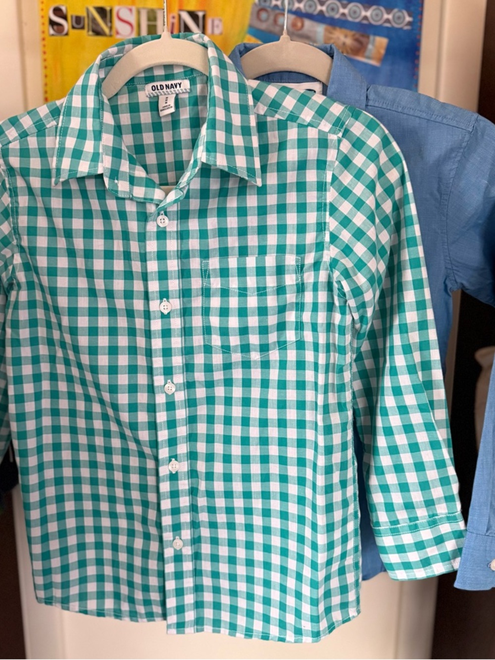 Old Navy Boys' Green & White Gingham Button-Up Shirt AND Light Blue Button-Up